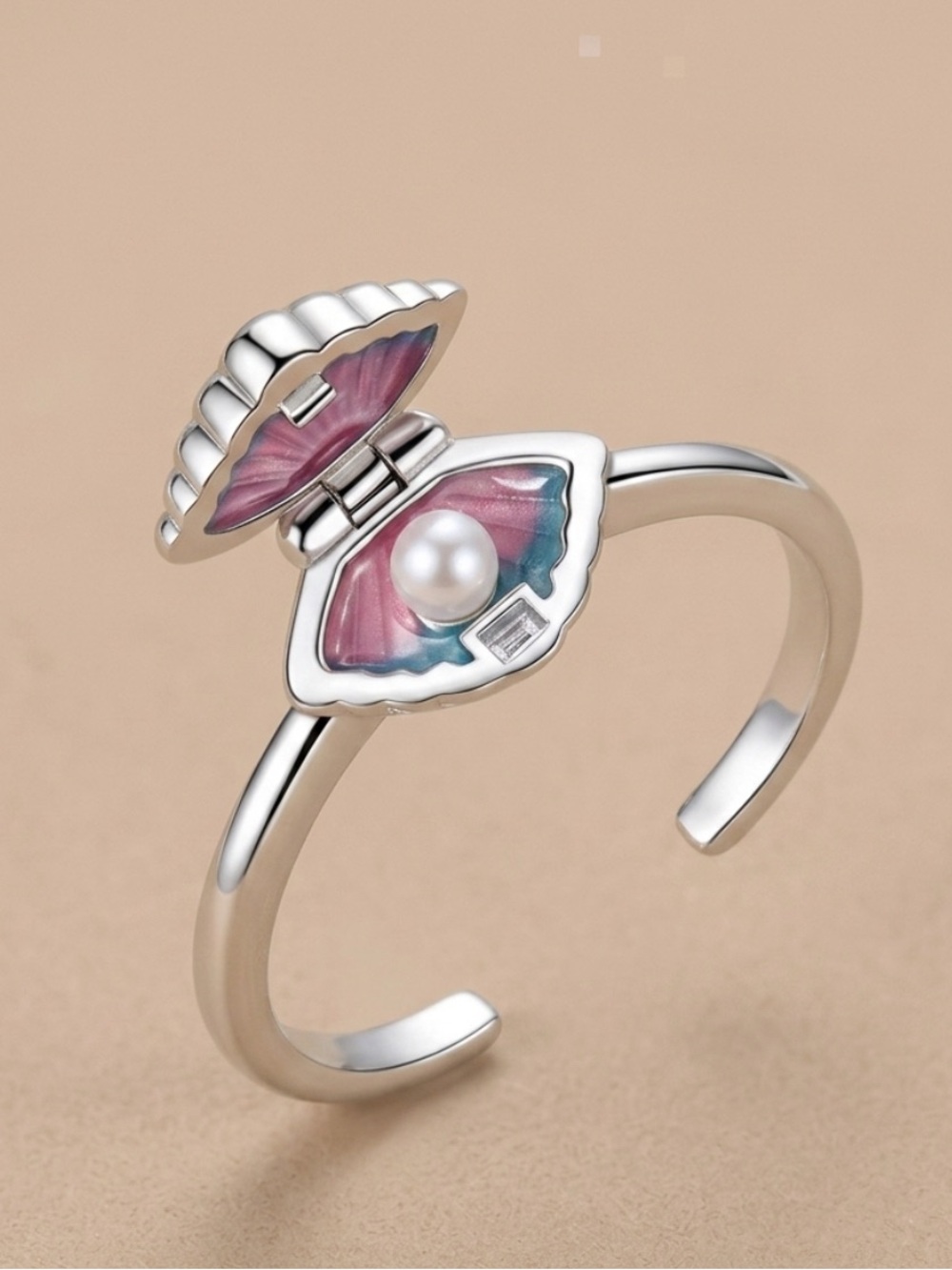 Silver Shell Pearl Hinged Ring with Pink and Teal Enamel